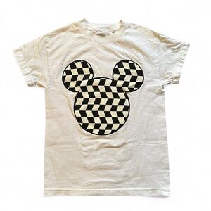White Disney Neff Graphic Tee with Black Checker Mickey Mouse Print S